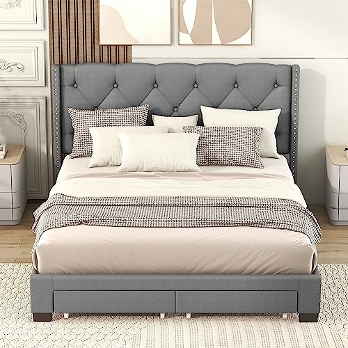 HAUSHECK Queen Size Platform Bed Frame, Upholstered Bed Frames with Button Tufted Headboard, Modern Bedframe for Kids, Teen & Adults, Wooden Slats Support, No Box Spring Needed