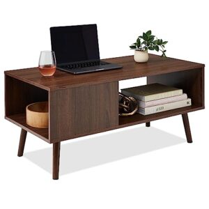 best choice products wooden mid-century modern coffee table, accent furniture for living room, indoor, home décor w/open storage shelf, wood grain finish - walnut