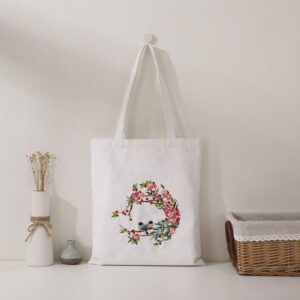 stamped embroidery tote bag kits with birds and pink flowers pattern hoops threads needlework art reusable shopping storage canvas handbag cross stitch kits for woman home organizer