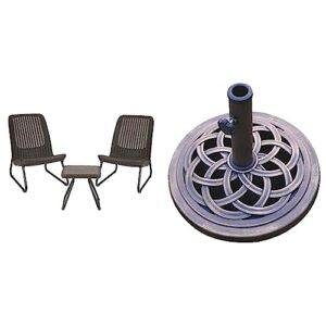 keter rio 3 piece resin wicker patio furniture set with side table and outdoor chairs, brown & dc america ubp18181-br 18-inch cast stone umbrella base, bronze powder coated finish