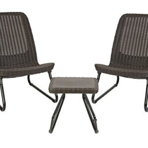 Keter Rio 3 Piece Resin Wicker Patio Furniture Set with Side Table and Outdoor Chairs, Brown & DC America UBP18181-BR 18-Inch Cast Stone Umbrella Base, Bronze Powder Coated Finish