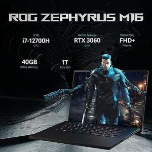 Asus ROG Zephyrus Gaming Laptop, 16/'' FHD+ 165Hz Display, Intel Core i7-12700H, 40GB DDR5 RAM, 1TB PCIe SSD, RGB Backlit Keyboard, NVIDIA GeForce RTX 3060, Win 11 Pro, WiFi 6, Black, 32GB USB Card