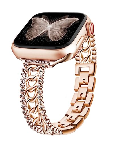 Bling Chain Bracelet Compatible with Apple Watch Band 41mm 40 mm 38mm Series 8 7 6 5 4 3 2 1 SE Women, beu1st Replacement iWatch Band Diamond Rhinestone Stainless Steel Metal Wristband Strap Rose Gold