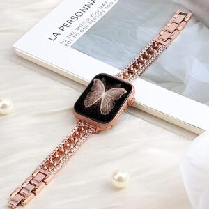 Bling Chain Bracelet Compatible with Apple Watch Band 41mm 40 mm 38mm Series 8 7 6 5 4 3 2 1 SE Women, beu1st Replacement iWatch Band Diamond Rhinestone Stainless Steel Metal Wristband Strap Rose Gold