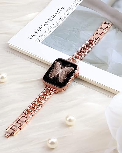 Bling Chain Bracelet Compatible with Apple Watch Band 41mm 40 mm 38mm Series 8 7 6 5 4 3 2 1 SE Women, beu1st Replacement iWatch Band Diamond Rhinestone Stainless Steel Metal Wristband Strap Rose Gold