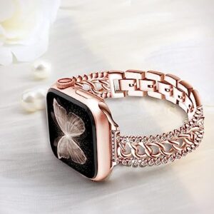 Bling Chain Bracelet Compatible with Apple Watch Band 41mm 40 mm 38mm Series 8 7 6 5 4 3 2 1 SE Women, beu1st Replacement iWatch Band Diamond Rhinestone Stainless Steel Metal Wristband Strap Rose Gold