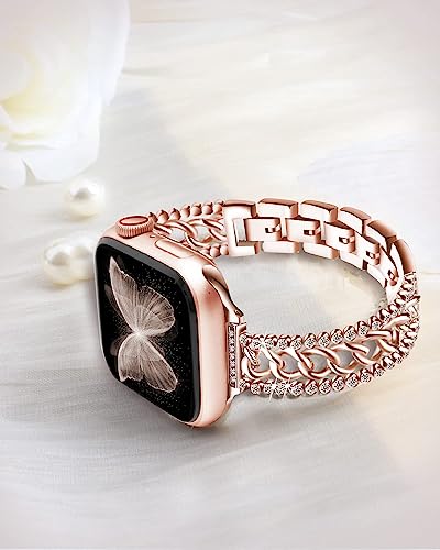 Bling Chain Bracelet Compatible with Apple Watch Band 41mm 40 mm 38mm Series 8 7 6 5 4 3 2 1 SE Women, beu1st Replacement iWatch Band Diamond Rhinestone Stainless Steel Metal Wristband Strap Rose Gold