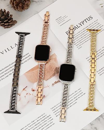 Bling Chain Bracelet Compatible with Apple Watch Band 41mm 40 mm 38mm Series 8 7 6 5 4 3 2 1 SE Women, beu1st Replacement iWatch Band Diamond Rhinestone Stainless Steel Metal Wristband Strap Rose Gold