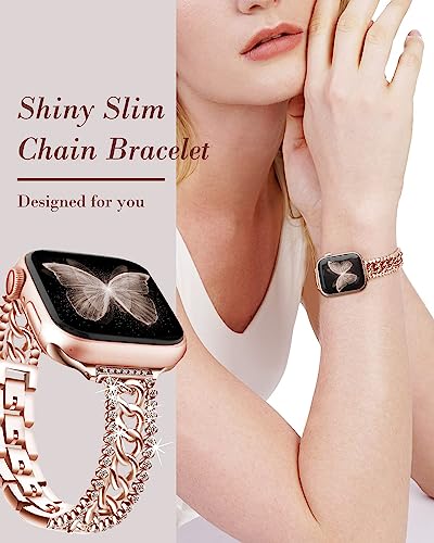 Bling Chain Bracelet Compatible with Apple Watch Band 41mm 40 mm 38mm Series 8 7 6 5 4 3 2 1 SE Women, beu1st Replacement iWatch Band Diamond Rhinestone Stainless Steel Metal Wristband Strap Rose Gold