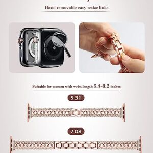 Bling Chain Bracelet Compatible with Apple Watch Band 41mm 40 mm 38mm Series 8 7 6 5 4 3 2 1 SE Women, beu1st Replacement iWatch Band Diamond Rhinestone Stainless Steel Metal Wristband Strap Rose Gold