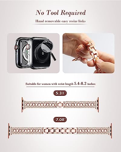 Bling Chain Bracelet Compatible with Apple Watch Band 41mm 40 mm 38mm Series 8 7 6 5 4 3 2 1 SE Women, beu1st Replacement iWatch Band Diamond Rhinestone Stainless Steel Metal Wristband Strap Rose Gold