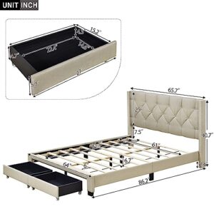 Prohon Queen Platform Bed with Button Tufted Headboard & Two Drawers, Upholstered Queen Bed Frame for Kids, Teen & Adults, Wooden Slats Support, No Box Spring Needed, Beige