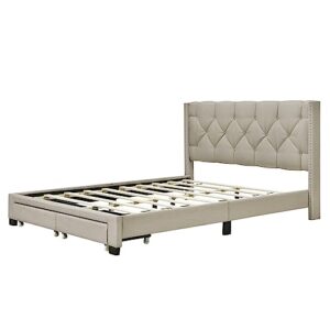 Prohon Queen Platform Bed with Button Tufted Headboard & Two Drawers, Upholstered Queen Bed Frame for Kids, Teen & Adults, Wooden Slats Support, No Box Spring Needed, Beige