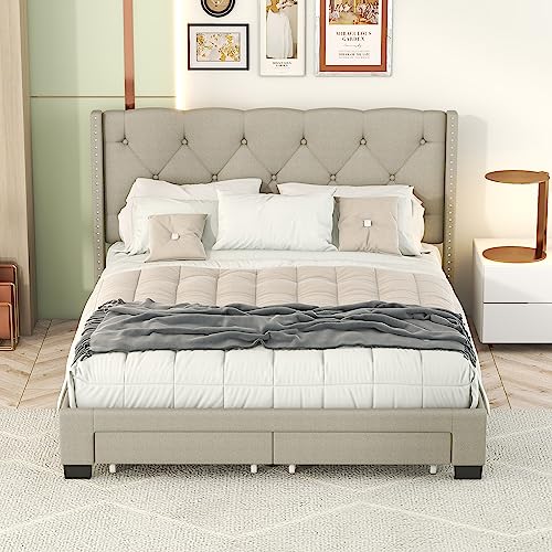 Prohon Queen Platform Bed with Button Tufted Headboard & Two Drawers, Upholstered Queen Bed Frame for Kids, Teen & Adults, Wooden Slats Support, No Box Spring Needed, Beige