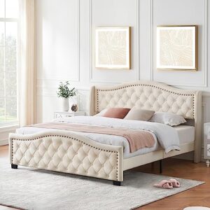 king size upholstered platform bed frame with tall headboard 47.2" , king bed with velvet button tufted & nailhead trim wingback headboard, luxurious arched footboard, no box spring needed, beige