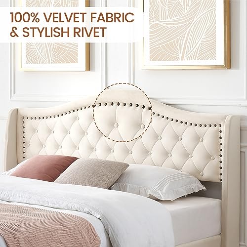 King Size Upholstered Platform Bed Frame with Tall Headboard 47.2" , King Bed with Velvet Button Tufted & Nailhead Trim Wingback Headboard, Luxurious Arched Footboard, No Box Spring Needed, Beige