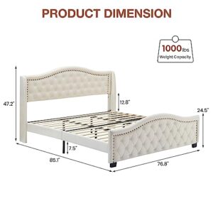 King Size Upholstered Platform Bed Frame with Tall Headboard 47.2" , King Bed with Velvet Button Tufted & Nailhead Trim Wingback Headboard, Luxurious Arched Footboard, No Box Spring Needed, Beige