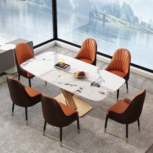 modern dining table, 70.9" marble dining table for 4-6, durable white sintered stone tabletop, gold carbon steel metal x-base, luxury table for kitchen dining office (1 table 6 orange chairs)