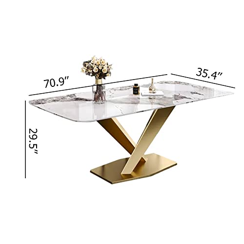Modern Dining Table, 70.9" Marble Dining Table for 4-6, Durable White Sintered Stone Tabletop, Gold Carbon Steel Metal X-Base, Luxury Table for Kitchen Dining Office (1 Table 6 Orange Chairs)
