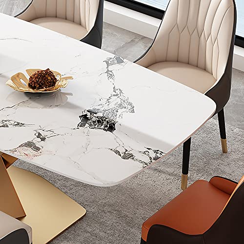 Modern Dining Table, 70.9" Marble Dining Table for 4-6, Durable White Sintered Stone Tabletop, Gold Carbon Steel Metal X-Base, Luxury Table for Kitchen Dining Office (1 Table 6 Orange Chairs)