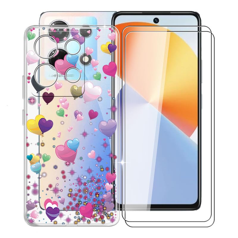 KJYFOANI for Infinix Note 30 Case with 2 x Tempered Glass Screen Protector, Transparent Shockproof Solf Silicone Protection Case for Infinix Note 30, Case for Women Men, (6.78") - Pink Balloon