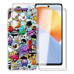 kjyfoani for infinix note 30 case with 2 x tempered glass screen protector, transparent shockproof solf silicone protection case for infinix note 30, case for women men, (6.78") - graffiti