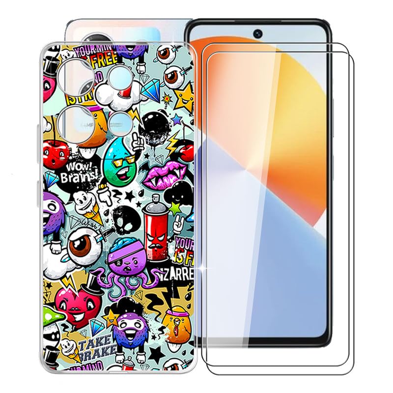 KJYFOANI for Infinix Note 30 Case with 2 x Tempered Glass Screen Protector, Transparent Shockproof Solf Silicone Protection Case for Infinix Note 30, Case for Women Men, (6.78") - Graffiti