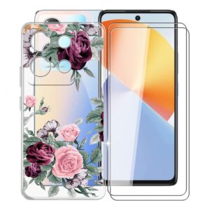 kjyfoani for infinix note 30 case with 2 x tempered glass screen protector, transparent shockproof solf silicone protection case for infinix note 30, case for women men, (6.78") - rose flower