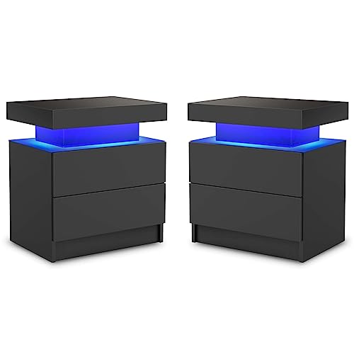 DobleCliCli LED End Table Set of 2, Modern Nightstand with 2 Drawers, 20.5" Tall LED Bedroom Furniture with Storage, Bedside Table for Bedroom, Living Room, and Playroom, Black