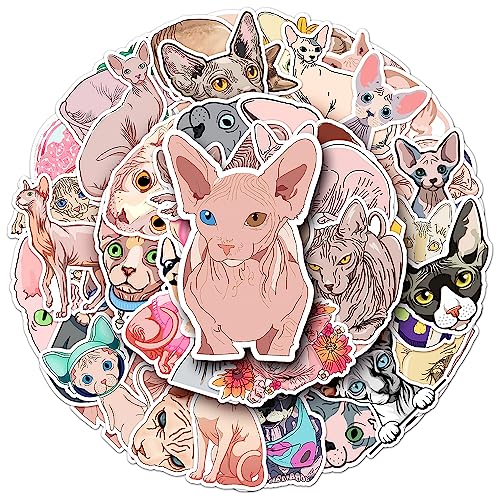 Hairless Cat Vinyl Stickers for Kids Girls Boys|50 Pcs|Cute Cartoon Animals Waterproof Stickers for Laptop Water Bottle Phone Cup Tablet Luggage Flasks, Lovely Pet Decals Pack(Hairless Cat-50Pcs)