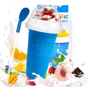 slushy maker cup, diy magic slushy maker squeeze cup, portable smoothie squeeze cup for juices, milk and ice cream make, double layers silica cup with lid & straw for kids, friends, family (blue)