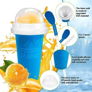 Slushy Maker Cup, DIY Magic Slushy Maker Squeeze Cup, Portable Smoothie Squeeze Cup for Juices, Milk and Ice Cream Make, Double Layers Silica Cup with Lid & Straw for Kids, Friends, Family (Blue)