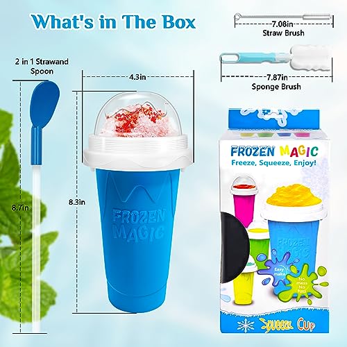 Slushy Maker Cup, DIY Magic Slushy Maker Squeeze Cup, Portable Smoothie Squeeze Cup for Juices, Milk and Ice Cream Make, Double Layers Silica Cup with Lid & Straw for Kids, Friends, Family (Blue)