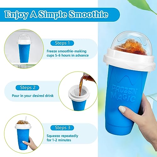 Slushy Maker Cup, DIY Magic Slushy Maker Squeeze Cup, Portable Smoothie Squeeze Cup for Juices, Milk and Ice Cream Make, Double Layers Silica Cup with Lid & Straw for Kids, Friends, Family (Blue)