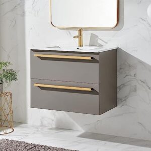 30" bathroom vanity with sink combo,wall mounted bathroom vanity cabinet with two soft close drawers,floating bath vanity with white ceramic basin sink top,with handles for new home furniture