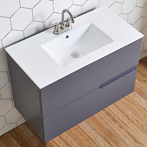 36" Bathroom Vanity with Sink,Wall Mounted Bathroom Vanity Cabinet,Gray Bath Vanity with White Ceramic Sink & Soft-Close Cabinet Door,Modern Floating Bathroom Vanity for any style of bathroom