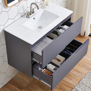 36" Bathroom Vanity with Sink,Wall Mounted Bathroom Vanity Cabinet,Gray Bath Vanity with White Ceramic Sink & Soft-Close Cabinet Door,Modern Floating Bathroom Vanity for any style of bathroom