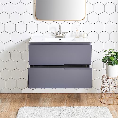 36" Bathroom Vanity with Sink,Wall Mounted Bathroom Vanity Cabinet,Gray Bath Vanity with White Ceramic Sink & Soft-Close Cabinet Door,Modern Floating Bathroom Vanity for any style of bathroom