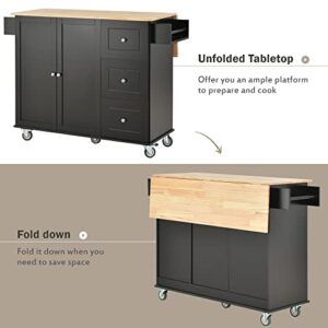 Kitchen Island Cart with Drop Leaf,52.7" Rolling Kitchen Island with Locking Wheels,Storage Cabinet,Spice Rack,Towel Rack & Drawer,Kitchen Cart Mobile Island Solid Wood Top for Dinning Room (Black)