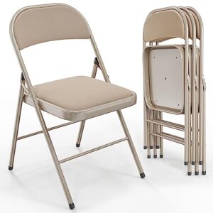 vingli folding chairs with padded seats, metal frame with fabric seat & back, capacity 350 lbs, khaki, set of 4