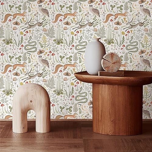 BEETAL Colorful Animal Forest Squirrel Owl Mushroom Leaf Peel and Stick Wallpaper Beige Easy Peel Off Self Adhesive Removable Stick on Wall Paper for Kitchen Renter Friendly