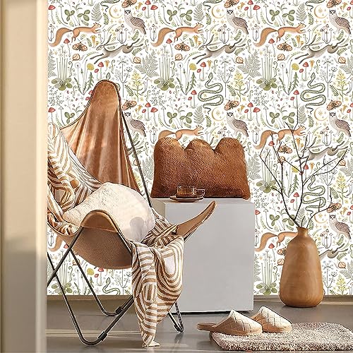 BEETAL Colorful Animal Forest Squirrel Owl Mushroom Leaf Peel and Stick Wallpaper Beige Easy Peel Off Self Adhesive Removable Stick on Wall Paper for Kitchen Renter Friendly