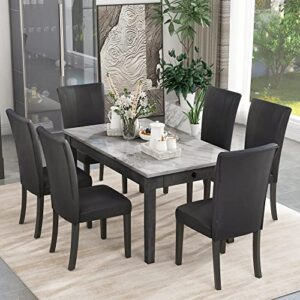 lestar 59.7" dining table set for 6, 7-piece faux marble dining table set with 6 pu wood frame chairs for kitchen, bar, living room, breakfast nook, small space piece with 2 drawers, black