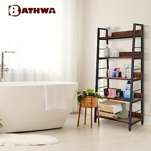 BATHWA 5 Tier Book Shelf, Industrial Rustic Open Wood Metal Ladder Bookshelf Accent Bookcase, Morden Ladder Shelf for Living Room/Bedroom/Home Office, Rustic Brown Wooden Vintage 28'' Wide Shelf