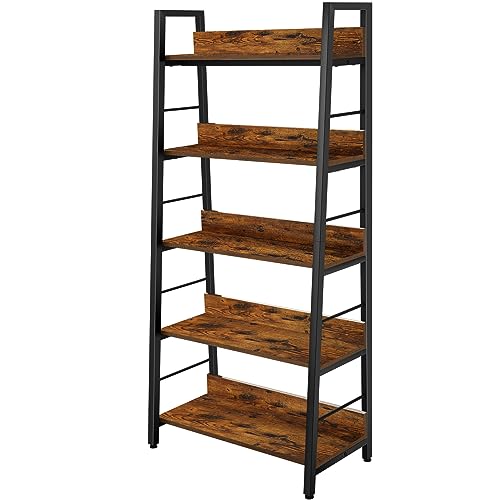 BATHWA 5 Tier Book Shelf, Industrial Rustic Open Wood Metal Ladder Bookshelf Accent Bookcase, Morden Ladder Shelf for Living Room/Bedroom/Home Office, Rustic Brown Wooden Vintage 28'' Wide Shelf