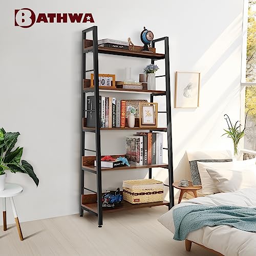 BATHWA 5 Tier Book Shelf, Industrial Rustic Open Wood Metal Ladder Bookshelf Accent Bookcase, Morden Ladder Shelf for Living Room/Bedroom/Home Office, Rustic Brown Wooden Vintage 28'' Wide Shelf