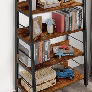 BATHWA 5 Tier Book Shelf, Industrial Rustic Open Wood Metal Ladder Bookshelf Accent Bookcase, Morden Ladder Shelf for Living Room/Bedroom/Home Office, Rustic Brown Wooden Vintage 28'' Wide Shelf