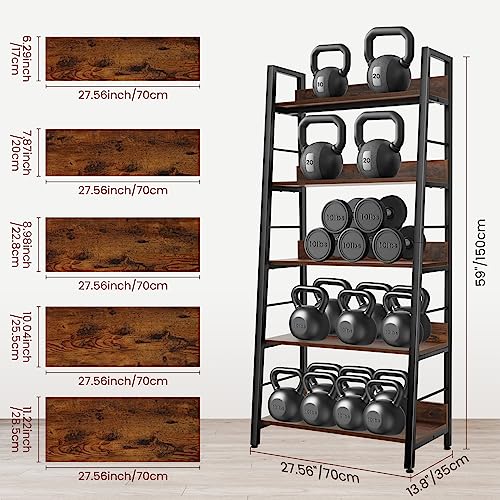 BATHWA 5 Tier Book Shelf, Industrial Rustic Open Wood Metal Ladder Bookshelf Accent Bookcase, Morden Ladder Shelf for Living Room/Bedroom/Home Office, Rustic Brown Wooden Vintage 28'' Wide Shelf