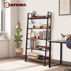 BATHWA 5 Tier Book Shelf, Industrial Rustic Open Wood Metal Ladder Bookshelf Accent Bookcase, Morden Ladder Shelf for Living Room/Bedroom/Home Office, Rustic Brown Wooden Vintage 28'' Wide Shelf