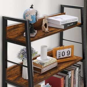 BATHWA 5 Tier Book Shelf, Industrial Rustic Open Wood Metal Ladder Bookshelf Accent Bookcase, Morden Ladder Shelf for Living Room/Bedroom/Home Office, Rustic Brown Wooden Vintage 28'' Wide Shelf